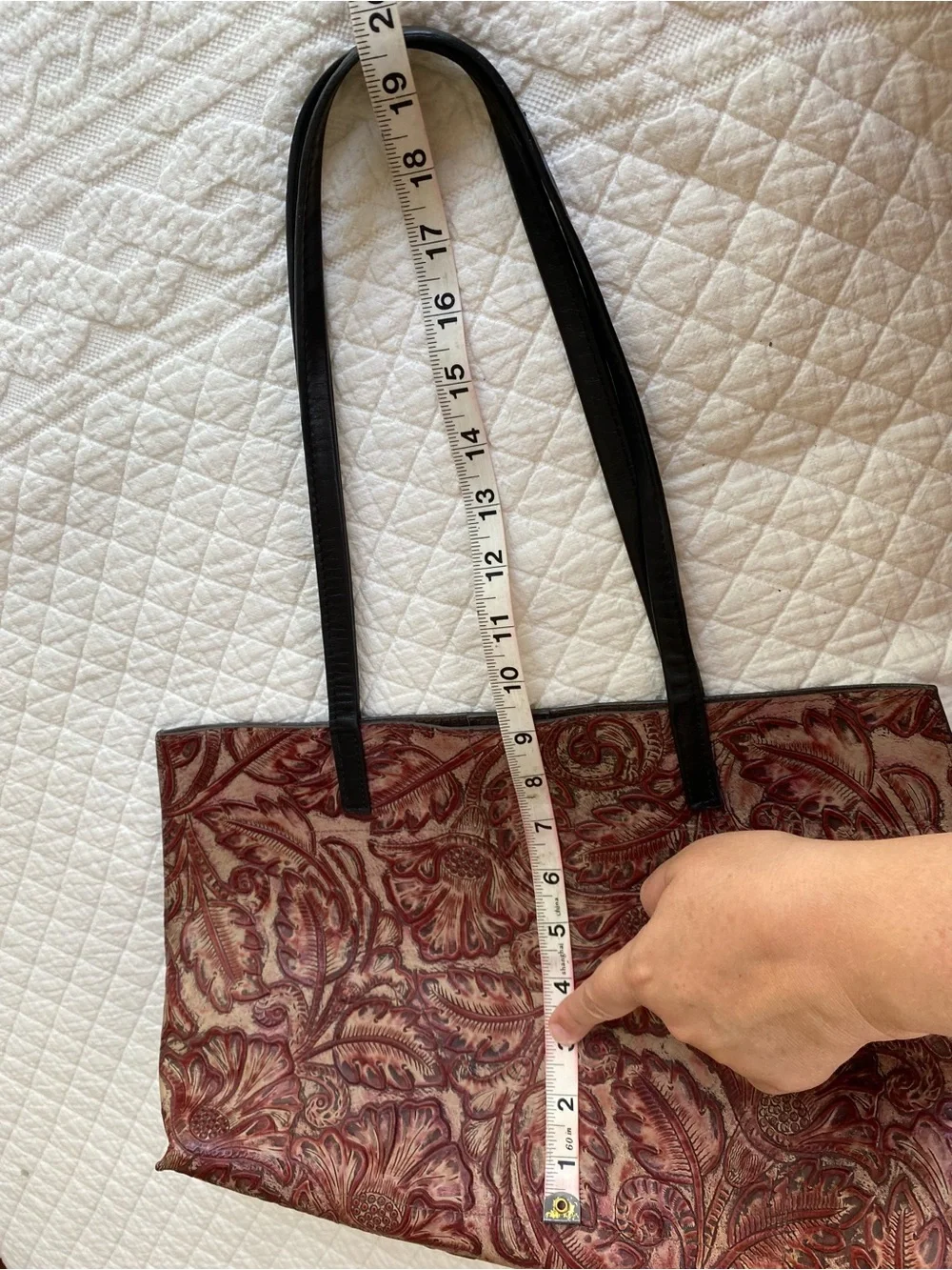 B May Western Floral Embossed Tooled Leather Tote Bag Maroon Oxblood Boho Rustic